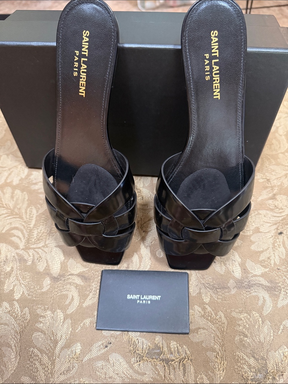 Saint Laurent Black Woven Leather Slide Mules
